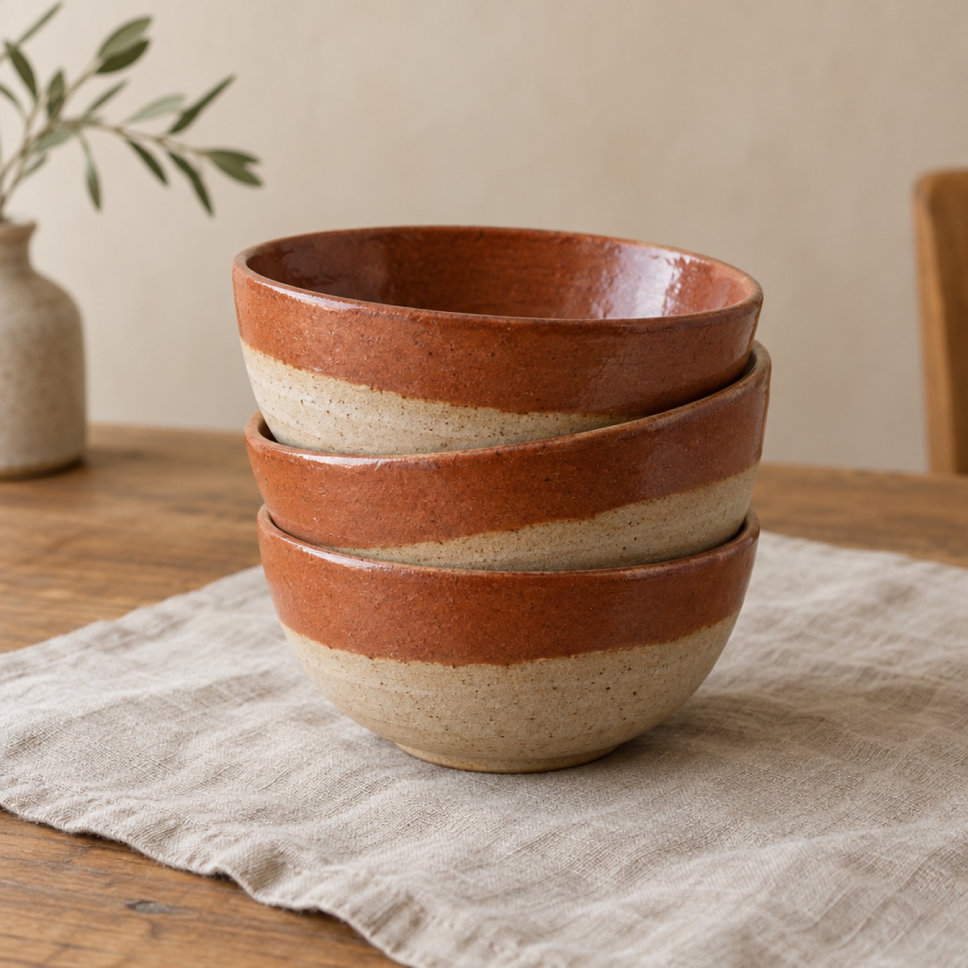Tres bowls apilados con esmalte terracota y base color arena
