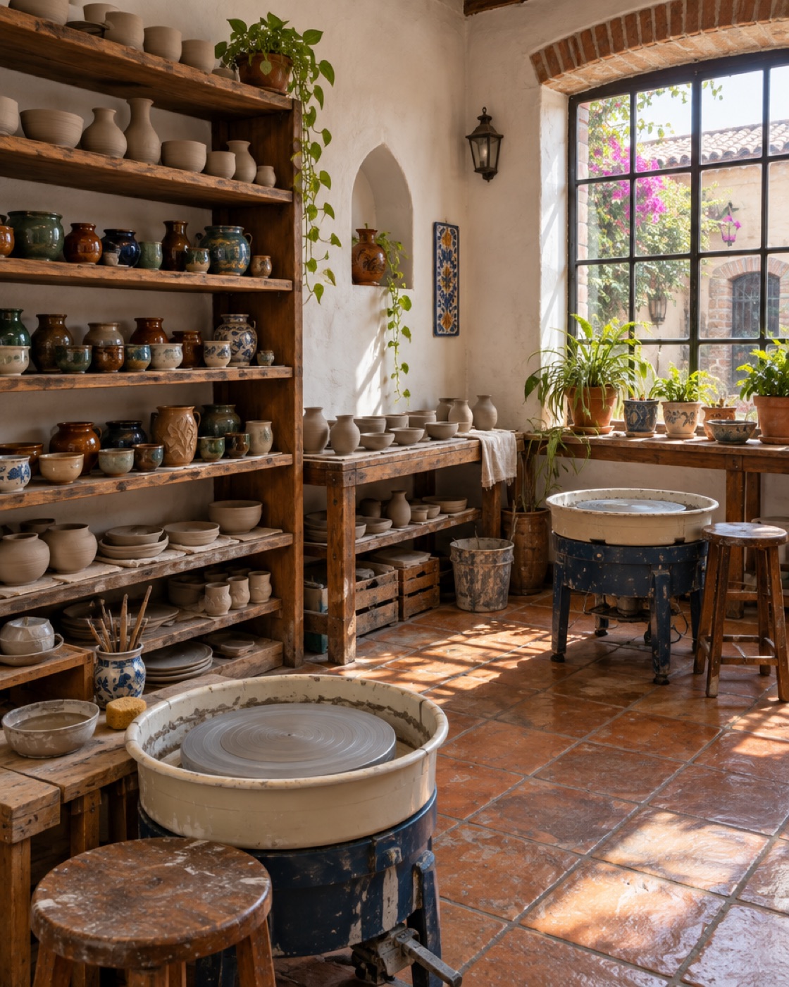 Interior del taller con libreros llenos de piezas, dos tornos y una ventana con plantas