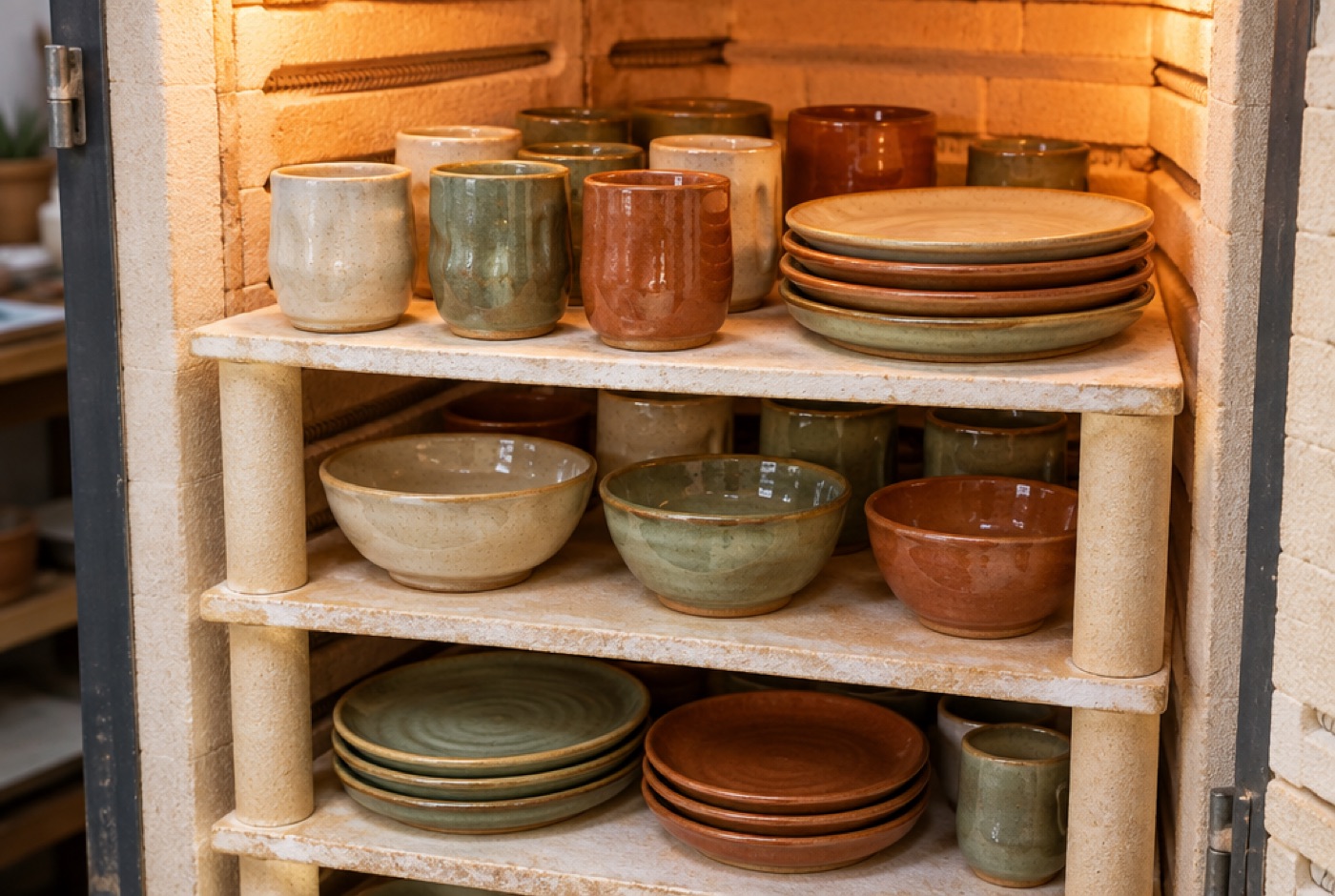Tazas, platos y bowls recién salidos del horno en tonos crema, terracota y verde
