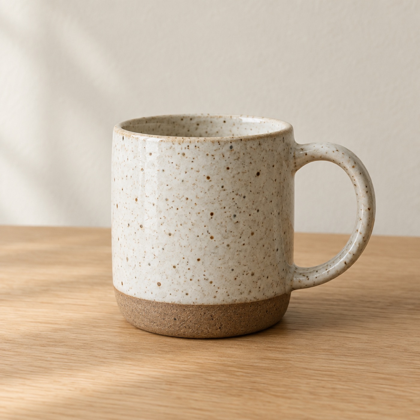 Taza de gres crema con puntitos cafés y base de barro