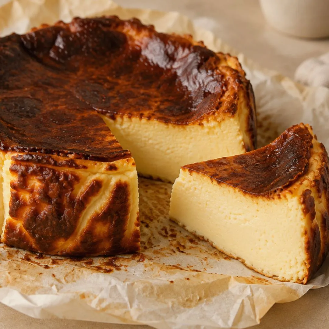 Cheesecake vasco con una rebanada separada