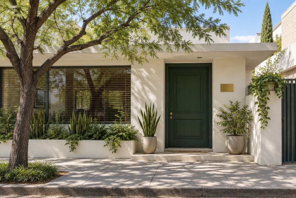 Entrada del despacho: fachada blanca con puerta verde, plantas y un mezquite que da sombra a la banqueta