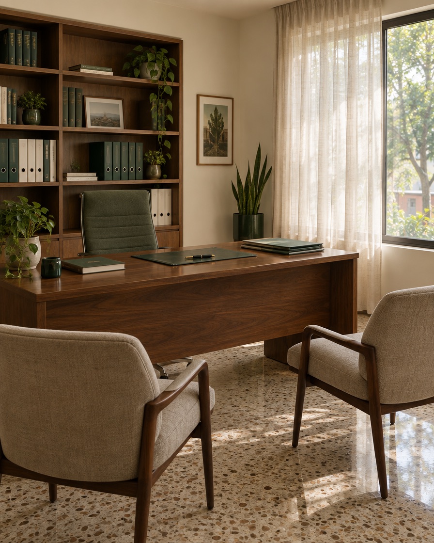 Oficina del despacho con escritorio de madera, libreros, plantas y dos sillas para clientes junto a una ventana