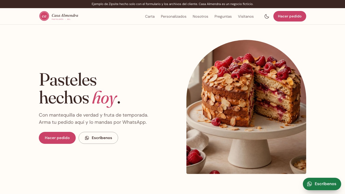 Página de ejemplo de la pastelería Casa Almendra
