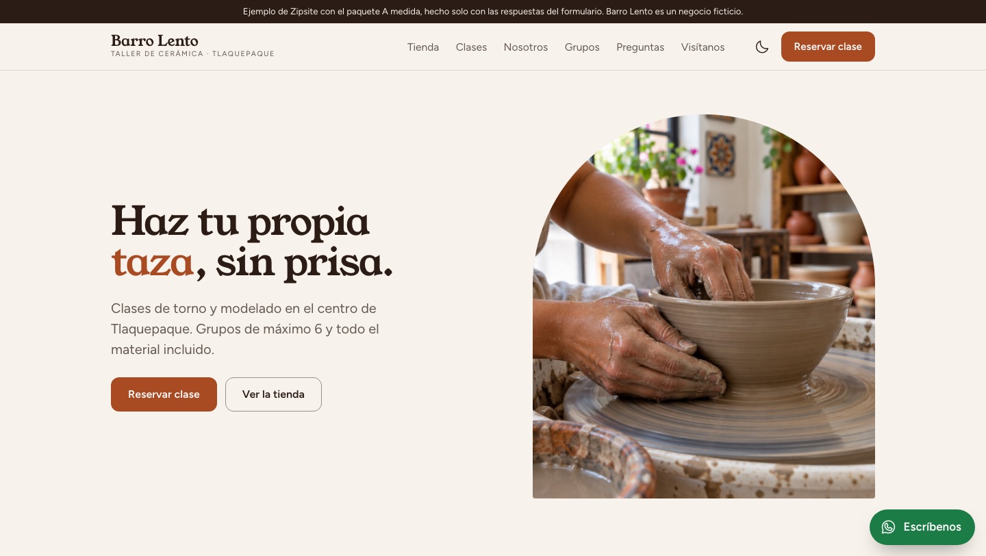 Portada de la página de ejemplo Barro Lento, taller de cerámica
