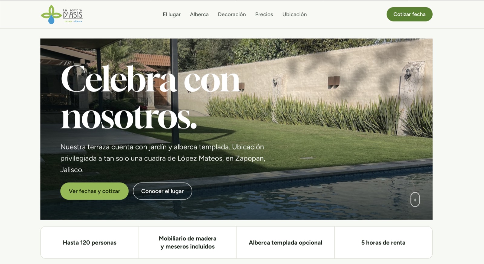 Página de la terraza La Sombra de Asís, hecha por Zipsite
